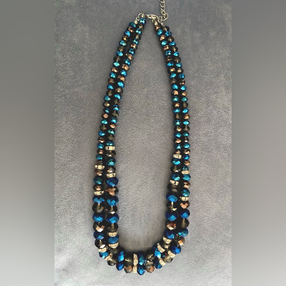 Double-Strand Black, Blue & Silver Metallic Beaded Necklace w/ Rhinestones